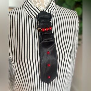 Hand design unique Black Satin Tie with Red Bead and brooch Accents